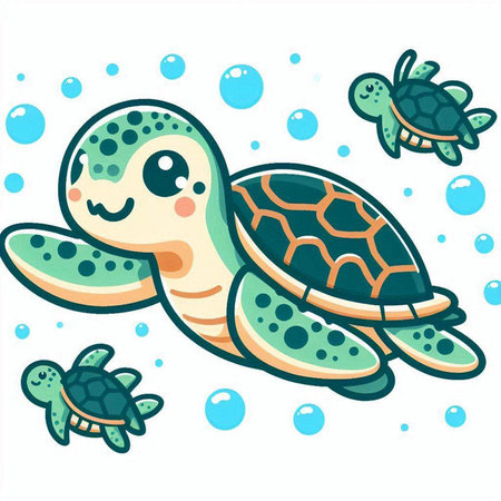 Cute Cartoon Sea Turtle with Bubbles. Vector Illustration.のイラスト素材