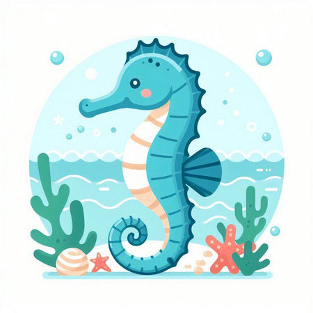 Cartoon seahorse on the background of the sea. Vector illustrationのイラスト素材