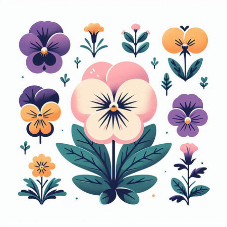 Vector set of hand drawn pansy flowers and leaves in pastel colorsのイラスト素材