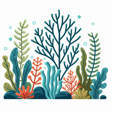 Underwater background with corals and seaweed. Vector illustration.のイラスト素材
