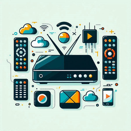 Flat design modern vector illustration concept of internet of things, wireless router, multimedia devices, smart tv.のイラスト素材