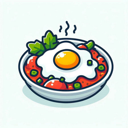 Fried egg with tomato sauce in a bowl. Vector illustration.のイラスト素材