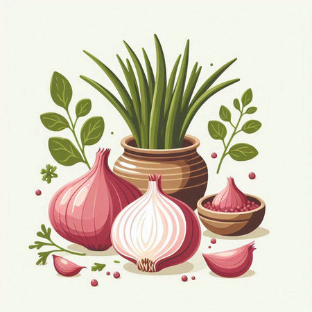 Vector illustration of onion, garlic, pepper, parsley, thyme.のイラスト素材