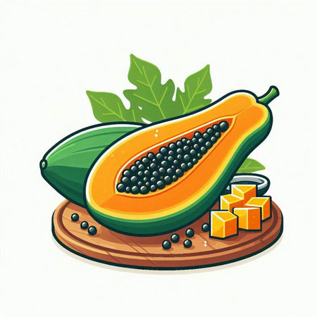 Papaya fruit on white background. Vector illustration in cartoon style.のイラスト素材