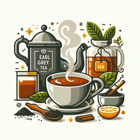 Cup of tea, teapot, cup of tea, cinnamon, leaf. Vector illustration.のイラスト素材
