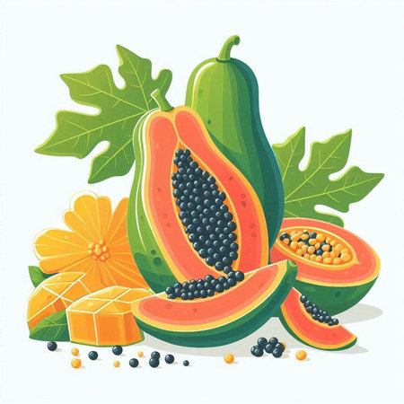 Papaya fruit, whole and half, seeds and leaves. Vector illustration.のイラスト素材
