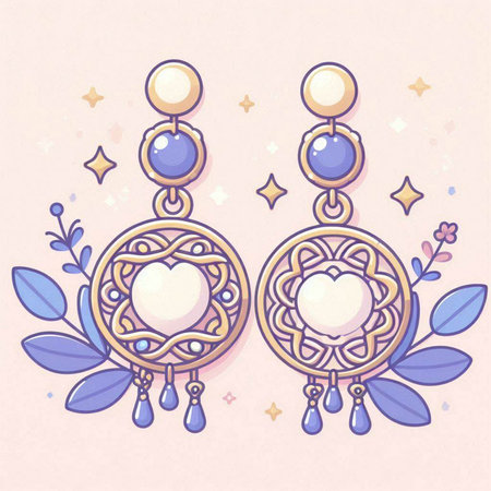 Illustration of a pair of earrings in pastel colors with floral elementsのイラスト素材