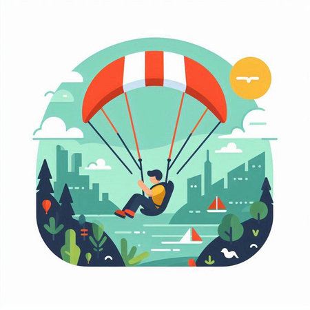 Parachutist flying in the sky. Vector illustration in flat styleのイラスト素材