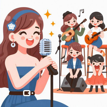 Illustration of a cute little girl singing with her family at homeのイラスト素材