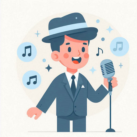 Illustration of a man in a suit and a hat singing into a microphoneのイラスト素材