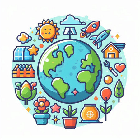 Vector flat line art illustration of planet earth with icons around. Earth day concept.のイラスト素材
