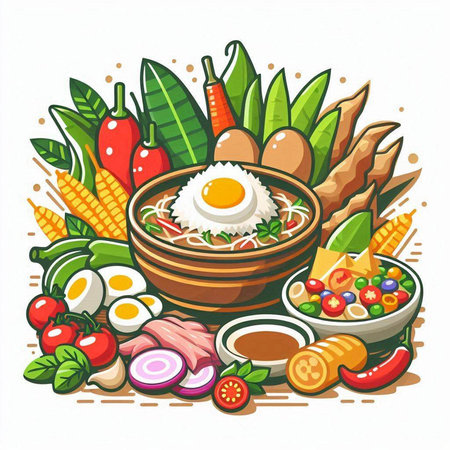 Illustration of a bowl of noodle soup with vegetables and eggsのイラスト素材