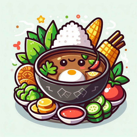Illustration of kawaii rice bowl with kawaii foodのイラスト素材