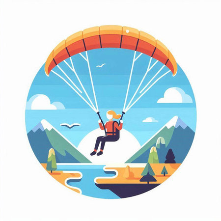 Paraglider on the background of mountains. Flat design vector illustration.のイラスト素材