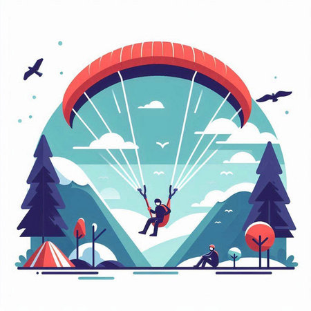 Paraglider flying in the sky. Paragliding in the forest.のイラスト素材