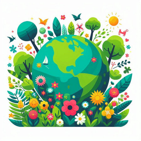 Ecology and environment concept with green planet and flowers. Vector illustration.のイラスト素材