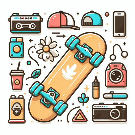 Skateboard and camera line icons set. Modern vector illustration.のイラスト素材