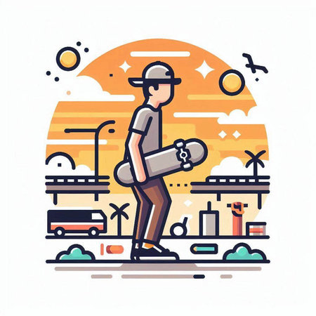 Vector illustration of a man with a skateboard on the background of the city.のイラスト素材