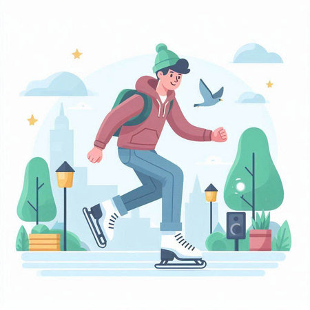 Young man skating in the park. Flat vector illustration. Cartoon style.のイラスト素材