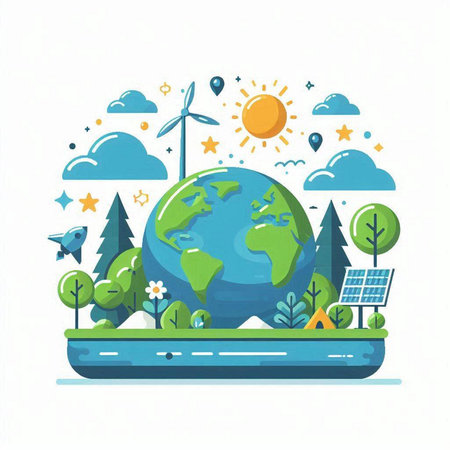 Ecology concept vector illustration. Flat design style. Green planet, trees, wind turbines, solar panels and birds.のイラスト素材