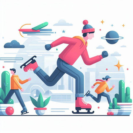 Winter sport vector illustration. Flat style design with people skating on ice rink.のイラスト素材