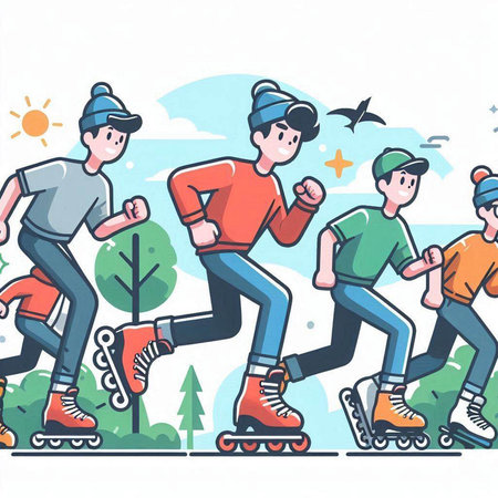 People on roller skates in the park, cartoon vector illustration.のイラスト素材