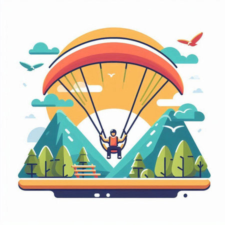 Paraglider flying in the sky over the mountains. Flat vector illustration.のイラスト素材