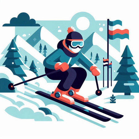 Skiing in the mountains. Vector illustration in flat style.のイラスト素材