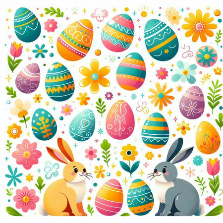Happy easter background with eggs, bunny and flowers. Vector illustration.のイラスト素材