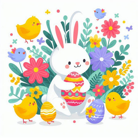 Easter bunny, chick, flowers and eggs. Vector illustration.のイラスト素材