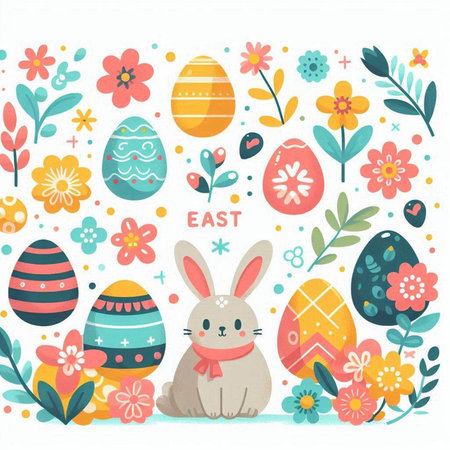 Easter greeting card with cute bunny, flowers and eggs. Vector illustration.のイラスト素材