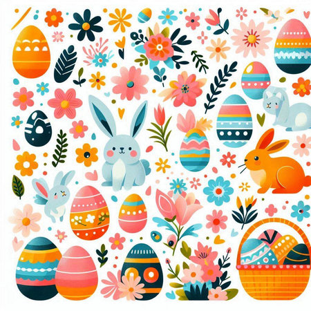 Easter background with eggs and bunny. Colorful vector illustration.のイラスト素材
