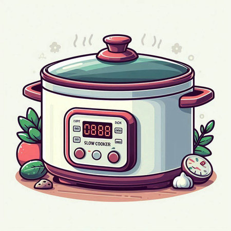 Vector illustration of a modern electric rice cooker with a timer and vegetablesのイラスト素材
