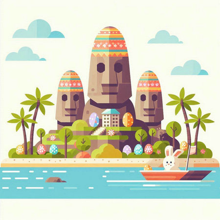 Easter Island. Vector illustration in flat style. Colorful Easter eggs.のイラスト素材