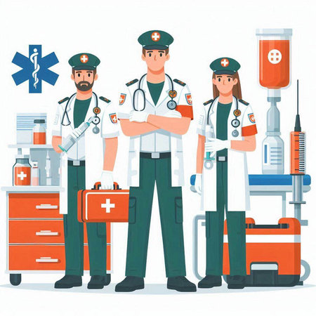 Medical staff in uniform standing in front of medical equipment. Vector illustrationのイラスト素材