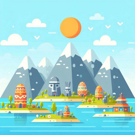 Seascape with mountains and houses. Vector illustration. Cartoon style.のイラスト素材