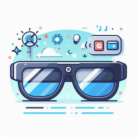 Virtual reality glasses with technology icons. Vector illustration, flat design.のイラスト素材