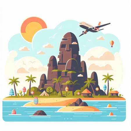 Tropical island with palm trees and airplane. Vector illustration.のイラスト素材