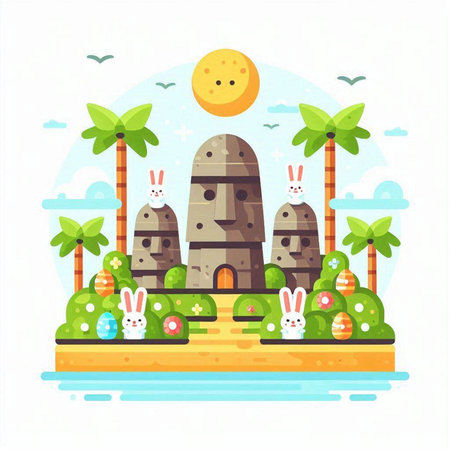 Cute cartoon characters of stone temple on island. Vector illustration.のイラスト素材