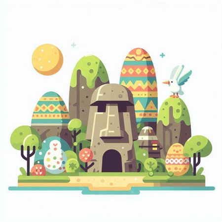 Easter egg hunt in the village. Vector illustration in flat styleのイラスト素材