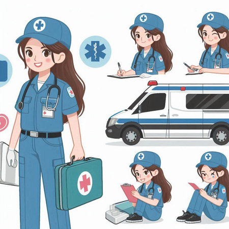 Illustration of a female paramedic with a set of different posesのイラスト素材