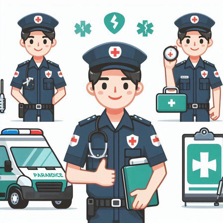 Policeman and medical staff icons set in cartoon style. Vector illustration.のイラスト素材
