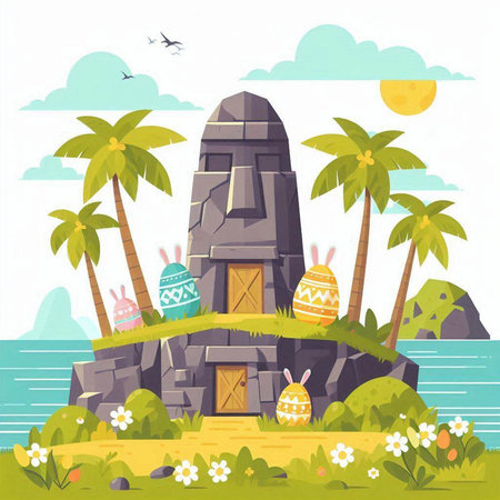 Easter eggs on island with palm trees. Vector illustration in flat styleのイラスト素材