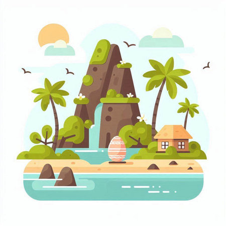 Landscape of tropical island. Vector illustration in flat cartoon style.のイラスト素材