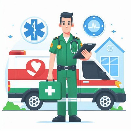 Vector illustration of a doctor in uniform with clipboard and ambulance car.のイラスト素材