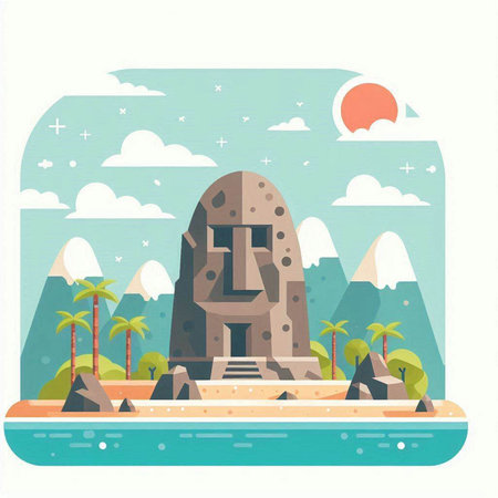 Stone temple on the background of the mountains. Vector illustration in flat styleのイラスト素材