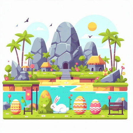 Happy easter day. Landscape in cartoon style. Vector illustrationのイラスト素材