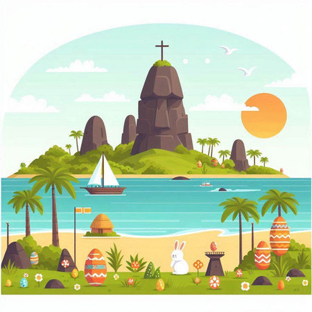 Easter holiday on the beach. Vector illustration in flat style.のイラスト素材