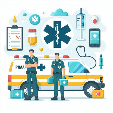 Medical and healthcare vector illustration. Doctor and nurse in uniform standing in front of ambulance car.のイラスト素材