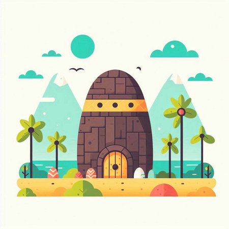 Ancient stone house in the desert. Vector illustration in flat style.のイラスト素材